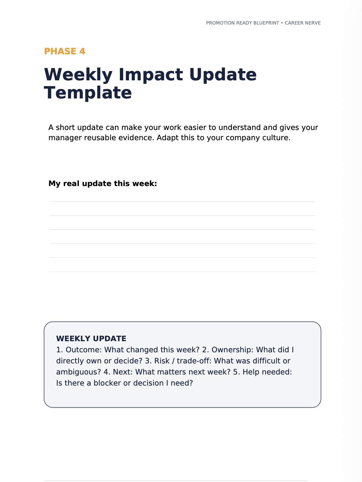 Promotion Ready Blueprint Weekly Impact Update Template worksheet