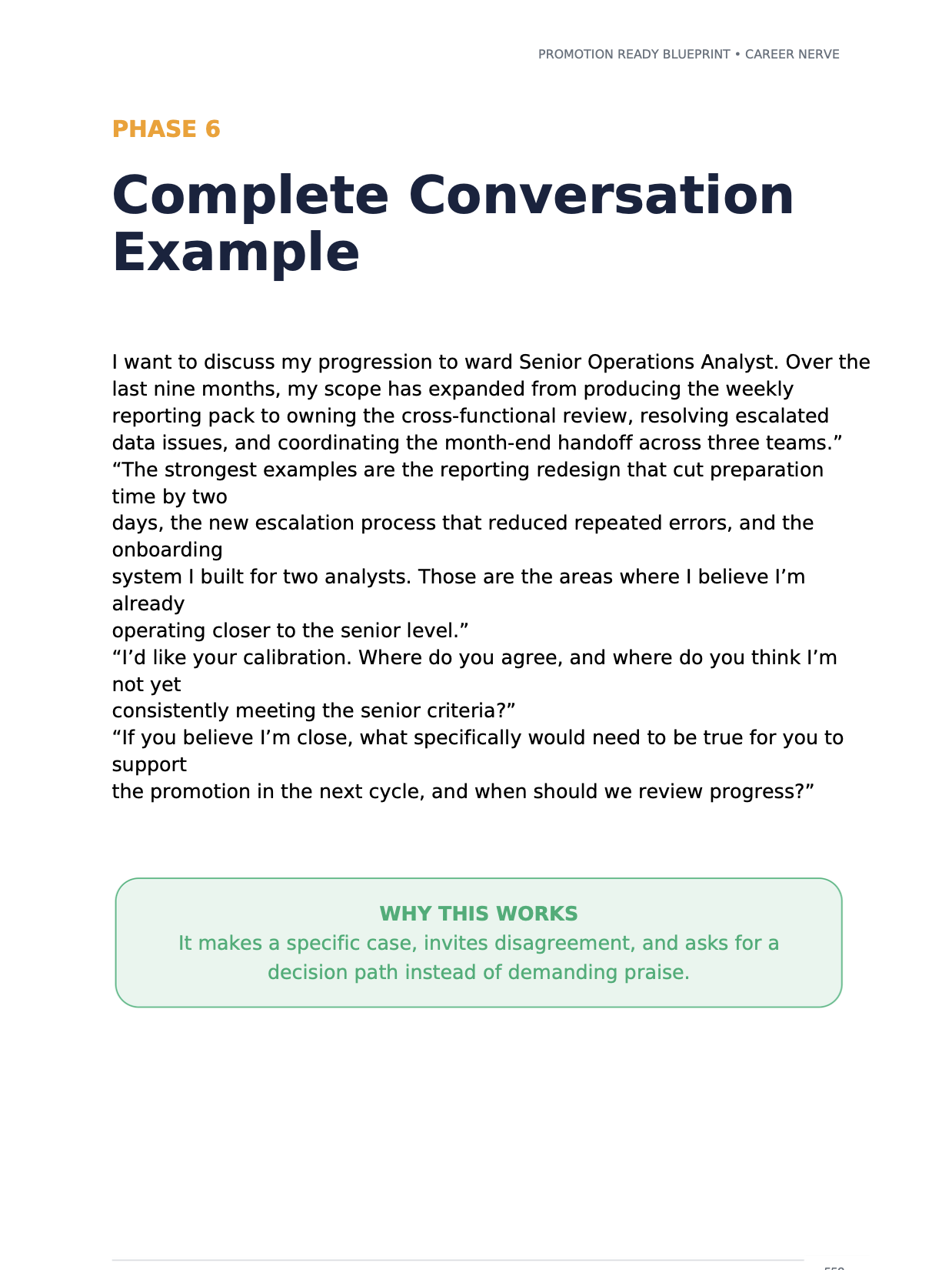 Promotion Ready Blueprint complete promotion conversation example